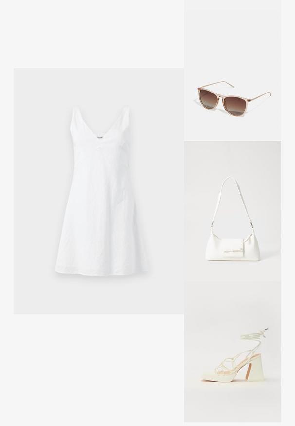 Weißes Leinenkleid mit V-Ausschnitt, tailliertem Oberteil und ausgestelltem Rock. Der Stoff hat eine leicht zerknitterte Textur. Keine sichtbaren Muster oder Akzente.; Weiße High-Heel-Sandale mit einem klobigen Absatz, die über ein Riemchendesign und ein Knöchelband verfügt. Glatte Textur mit einer Plattform vorne für zusätzliche Höhe.; Braune Farbverlauf-Sonnenbrille mit einem durchscheinenden rosa Rahmen, quadratischer Form und dünnen Metallbügeln. Verfügt über abgerundete Kanten und minimale Details.; Weiße synthetische Handtasche in dreieckiger Form, flache Vorderklappe und Schleifendetail, verstellbarer Trageriemen, glatte Textur und minimalistisches Design.