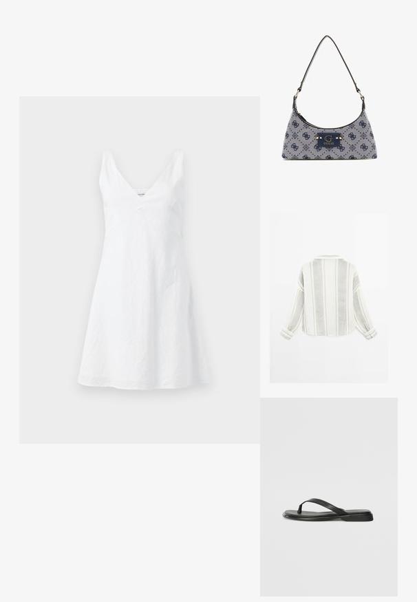 Weißes Leinenkleid mit V-Ausschnitt, tailliertem Oberteil und ausgestelltem Rock. Der Stoff hat eine leicht zerknitterte Textur. Keine sichtbaren Muster oder Akzente.; Langarmhemd in Hellgrau und Weiß, mit vertikalen Streifen, einem Kragen und geknöpften Manschetten. Hergestellt aus einem strukturierten, leichten Stoff.; Schwarze Flip-Flops aus glattem Leder, mit einem dünnen Riemendesign und einer flachen Sohle mit minimalem Profil. Keine bemerkenswerten Muster oder Akzente.; Hobo-Handtasche aus navyblauem Stoff mit einem Diamantmuster, ausgestattet mit einem Logo-Schild und einem glatten Schultergurt. Strukturiert Oberfläche.
