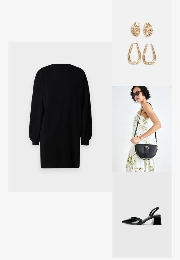 Svart strikket kjole med rund hals, lange puffermer og løs passform. Glatt tekstur uten synlige mønstre eller detaljer i metall.; Svarte patentlær slingback hæler med spiss tå og geometrisk blokk hæl. Har et stilrent, minimalistisk design og jevn tekstur.; Svart lærveske med en buet form, avtagbar stropp og gullbeslag. Vesken har et klaff med spenne-detall.; Gullfargede øredobber med teksturerte, bølgete former. Inkluderer skulpturelle klipsstuds og åpen hoop-design med en hamret finish.