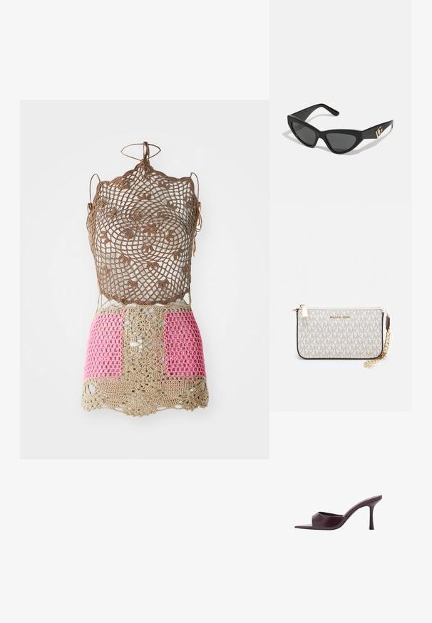 Kvačkana bluza z zapletenim rjavim vzorcem, ki vsebuje roza in bež odseke. Nastavljive vezalke na ramenskem delu in na robu. Odprt tkanina.; Bordo visoke sandale na petu s kvadratnim vrhom, izrađene od glatke kože. Imaju elegantan, minimalistički dizajn i suženu petu.; Sončne naočale v mačjem stilu z mat črnim plastičnim okvirjem, temnimi lečami in zlatim logotipom na tempeljih. Kotačast dizajn in gladka tekstura.; Michael Kors denarnica v bež lakiranem platnu z mišičnim vzorcem ponavljajočega se logotipa MK, z zlatim okovjem in snemljivo verižico.