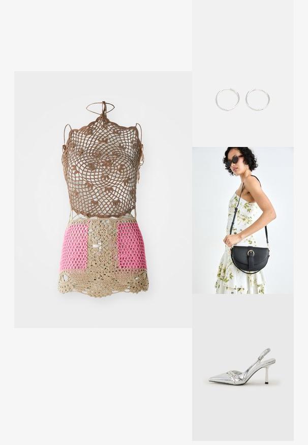 Virkkauksen yläosa, jossa on monimutkainen ruskea kuvio, jonka osissa on vaaleanpunaista ja beigeä. Säädettävät nauhat olkapäillä ja helmassa. Avoin kudontarakenne.; Hopeakylkinen korkokenkä, jossa on terävä kärki, metallinhohtoinen viimeistely, kaksi koristeellista nauhaa ja hoikka korko mustalla kärjellä.; Musta nahkainen käsilaukku, joka on kaareva muotoilultaan, irrotettavalla hihnalla ja kultaisilla yksityiskohdilla. Laukussa on läppä, jossa on solk yksityiskohta.; Hopea rengas korvakorut, joissa on tyylikäs, pyöreä muotoilu, tasainen pinta ja ilman näkyviä koristeita. Halkaisija ei ole määritelty.