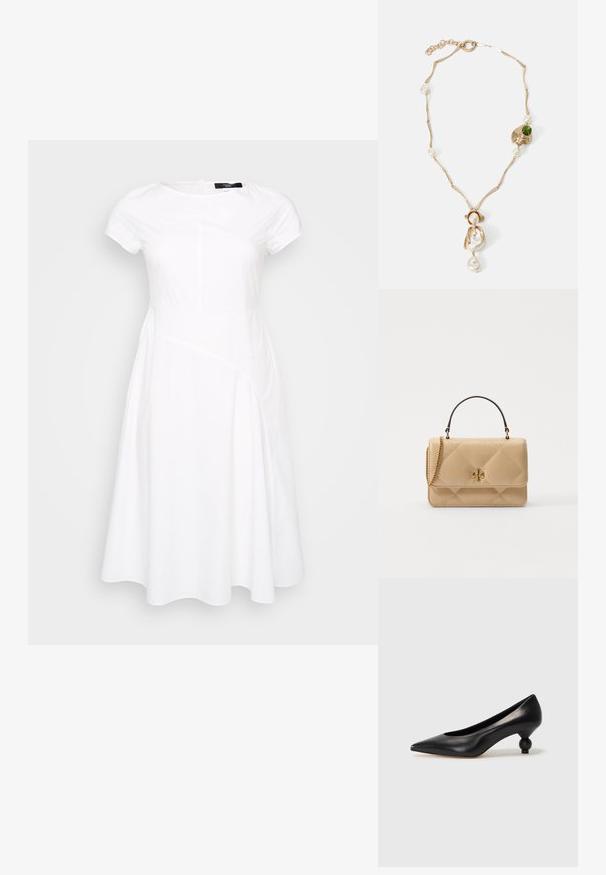 Vit kortärmad klänning med sömdetalj, A-linjeform, rund halsringning och slät, strukturerad tyg. Ren och modern design.; Svart läderhögklackad sko med spetsig tå och rund, bollformad klack. Slät yta med en elegant, minimalistisk design.; Quiltad beige läderhandväska med guldfärgade detaljer, kedjesnor och bärhandtag. Har en framficka med klaff och signaturlogo.; Guldtonad halsband med vridna länkar, vita pärlor och en grön stens accent. Har intrikata detaljer och en lås för stängning.