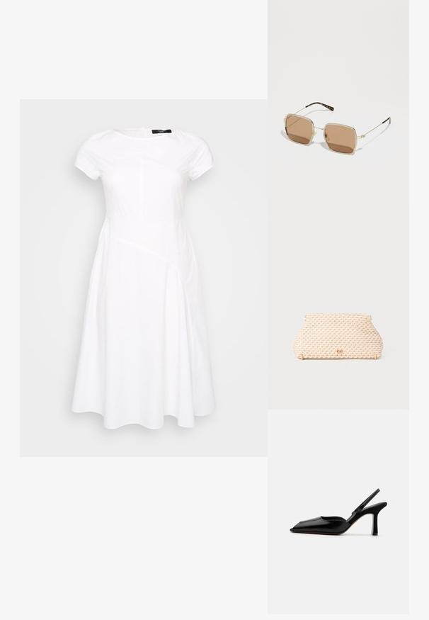Balta īsā piedurkņu kleita ar šuvju detaļām, A formas siluets, apaļa kakla izgriezuma un gluda, teksturēta auduma. Tīrs un mūsdienīgs dizains.; Melnas ādas slingback kurpes ar norādītu purngalu, minimālisma dizainu, plānu potītes jostu un elegantām stiletto papēžiem. Gluda tekstūra.; Zelta metāla saulesbrilles ar kvadrātveida formu, brūnām tonētām lēcām un smalkiem zaļiem un sarkaniem uzsvariem uz rāmja. Plānas, gludas kājas.; Auduma smilškrāsas rokassoma ar noapaļotu formu, ar zeltainām detaļām un teksturētu rakstu. Aizdare augšpusē.