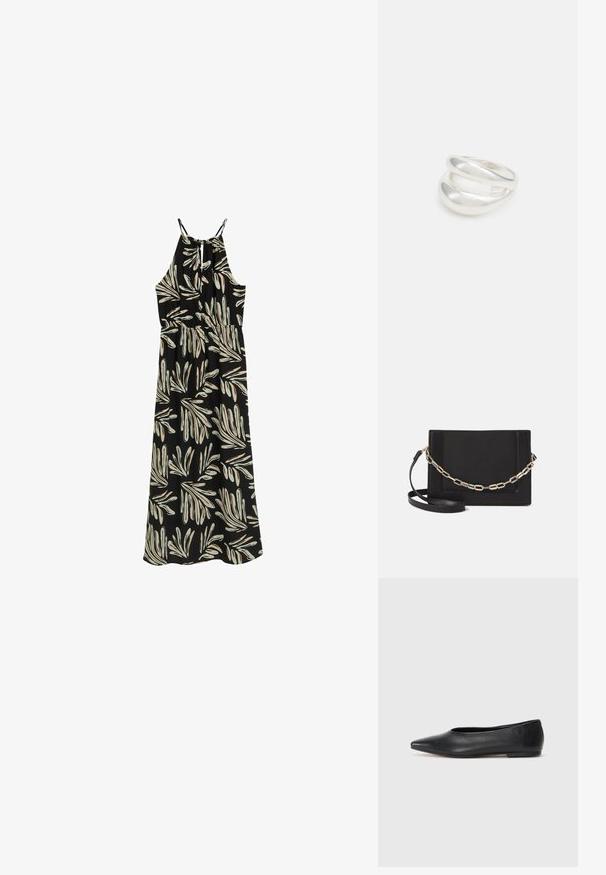 Mustmustel dress, millel lehtede mustriga beeži ja helesinise värviga. Kinnitatud kaelus ja reguleeritavad rihmad ning elastne vöökoht.; Musthave mustris balletkingad, terav nina, minimaliseeritud disain, sile pind, madal konts, ilma nähtava riistvara või kaunistusteta.; Mustast nahast õlakott, mis omab siledat tekstuuri, ristküliku kuju ning esiküljel metallketi detaili. Reguleeritav rihm on kaasas.; Hõbedane kahekordne rõngas sujuva, poleeritud pinnaga. Omab voolavat, kõverat disaini, millel on kattuvad sektsioonid, et saavutada kaasaegne ilme.