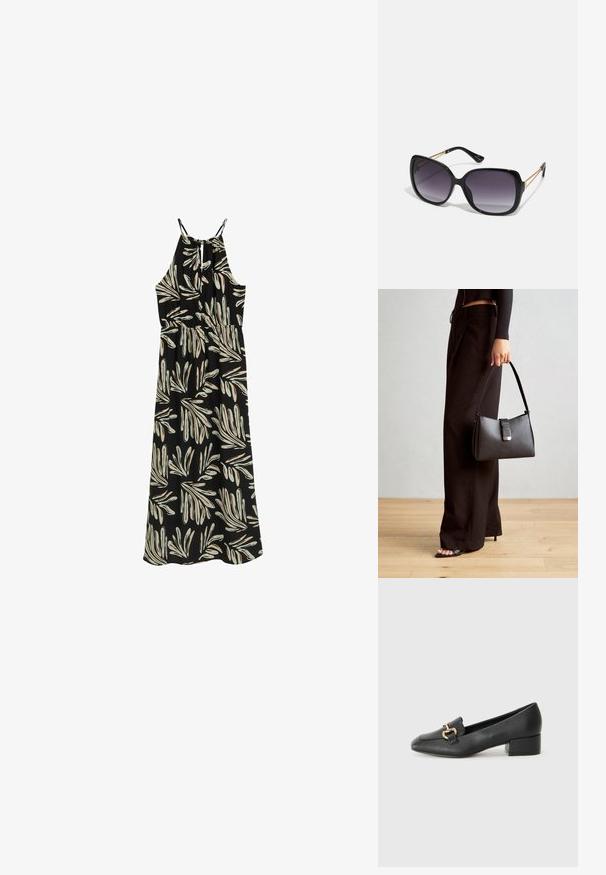 Čierne maxi šaty s listovým vzorom v béžovej a svetlomodrej farbe. Dizajn s halter krkom, nastaviteľné ramienka a elastický pás.; Čierne kožené mokasíny s plochým podpätkom, ktoré majú dekoratívny zlatý kovový detail vpredu a hladkú textúru.; Čierne oversized slnečné okuliare s gradientovými sklíčkami, hrubými rámami a zlatým retiazkovým detailom na stranách.; Čierna kabelka so štruktúrovaným tvarom, hladkou textúrou a kovovou sponou. V kombinácii so širokými čiernymi nohavicami a sandálmi s otvorenou špičkou na drevenej podlahe.