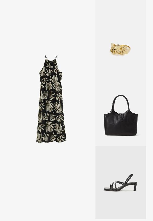 Mustmustel dress, millel lehtede mustriga beeži ja helesinise värviga. Kinnitatud kaelus ja reguleeritavad rihmad ning elastne vöökoht.; Mustast rihmajalatsid ruudukujulise varba ja madala ploki kontsaga. Omab mitmeid õhukesi rihmasid ja reguleeritavat pahkluu rihma. Valmistatud siledast nahast.; Mustgamma nahast kott, millel on sile tekstuur, struktureeritud kuju, kaks käepidet ja esiküljel silmapaistev hõbedane pandla detail.; Kuldne sõrmus tekstureeritud, lainelise disainiga, millel on kolm silmapaistvat tippu. Sile, läikiv pind ja avatud riba, mis võimaldab reguleeritavat sobivust.; Kuldne sõrmus tekstureeritud, lainelise disainiga, millel on kolm silmapaistvat tippu. Sile, läikiv pind ja avatud riba, mis võimaldab reguleeritavat sobivust.