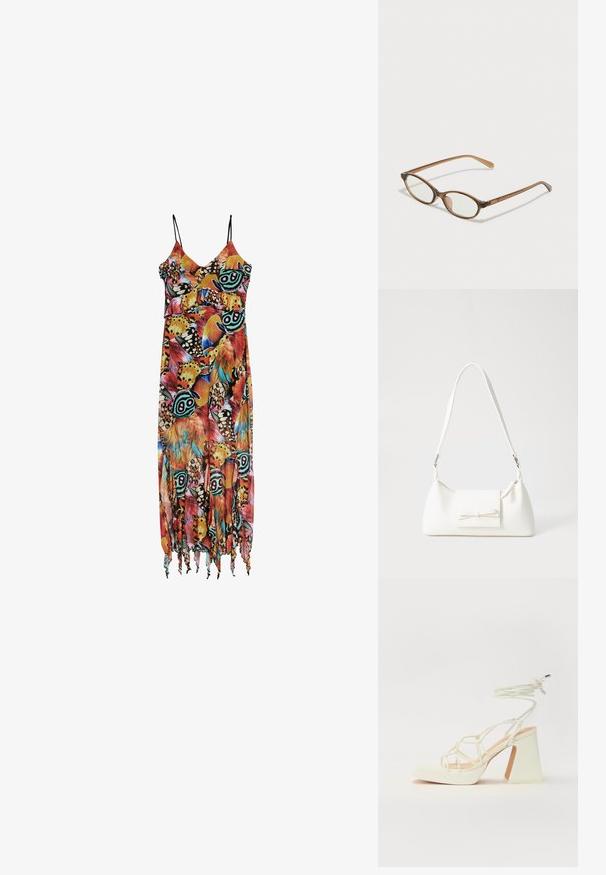 Maxi dress with spaghetti straps, featuring a colorful butterfly and feather pattern on a black background, with a fringed hem.; White high-heeled sandal with a chunky heel, featuring a strappy design and ankle tie. Smooth texture with a platform front for added height.; Brown tortoiseshell glasses with oval lenses, thin arms, and transparent accents. Features a subtle logo on the temple. Sleek, lightweight design.; White synthetic handbag with a triangular shape, flat front flap and bow detail, adjustable strap, smooth texture, and minimalistic design.