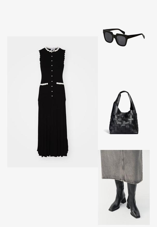 Vestito senza maniche nero con corpetto aderente, rifinitura floreale bianca e bottoni. Presenta due tasche frontali e un design di gonna plissettata.; Stivali neri al ginocchio in pelle liscia con punta squadrata e tacco a blocco. Indossati con una gonna in denim grigia con orlo sfilacciato.; Occhiali da sole neri rettangolari con montatura in plastica spessa e lenti scure. Le astine sono elegantemente progettate con una finitura lucida e branding minimo.; Borsa a spalla in pelle nera intrecciata con una forma morbida e ampio manico. Caratterizzata da un design testurizzato e intrecciato con una finitura liscia.