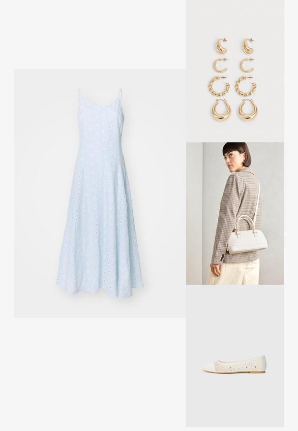 Rochie fără mâneci de culoare albastru deschis, cu o siluetă evazată, dintr-un material texturat cu dungi verticale subtile și mici detalii decupate.; Pantofi stilați cu vârful ascuțit, din piele crem, cu partea superioară transparentă și strasuri dispersate. Talpă moale pentru confort, design minimalist.; Geantă structurată albă, cu mânere scurte și curea de umăr, având accente din metal aurit și material texturat, expusă pe un fundal gri.; Set de cinci cercei din aur, prezentând diferite modele: suprafețe răsucite, cu caneluri și netede, în forme de cerc și semilună.