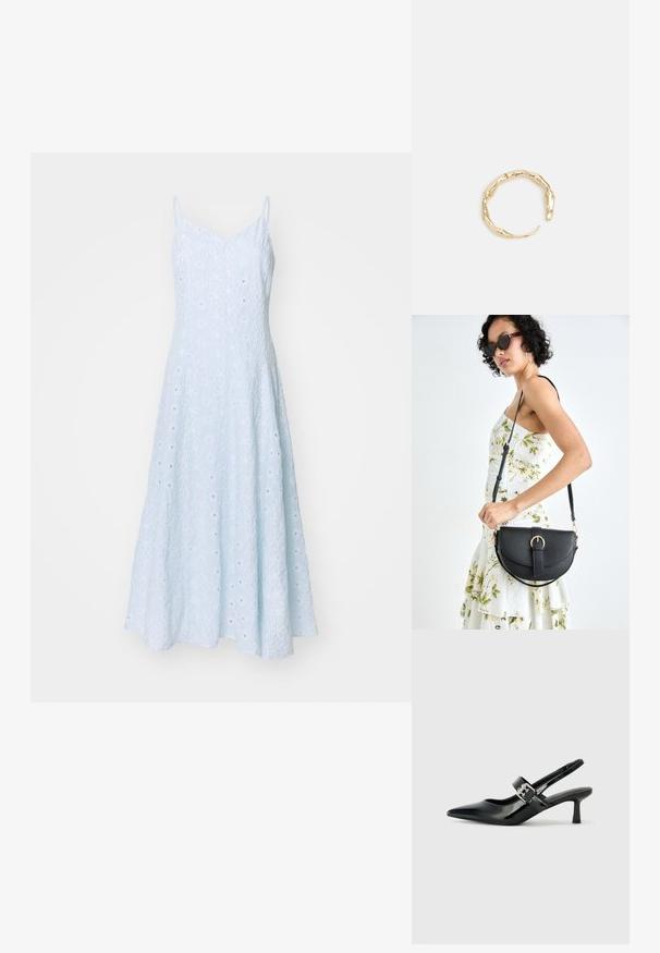 Šviesiai mėlyna be rankovių suknelė su platėjančia siluetu, tekstūruota medžiaga su subtiliomis vertikaliomis juostelėmis ir mažais išpjovimo detalėmis.; Juodai lakuoti slingback aukštakulniai su smailiu kojų pirštu ir mažais blokiniais kulniukais, su sidabro sagtimi ant dirželio.; Juodas odinis krepšys su išlenkta forma, nuimamu dirželiu ir auksiniais detalėmis. Krepšys turi kilpą su sagtimi.; Auksinės spalvos žiedas, turintis organišką, sukimosi dizainą su lygiu paviršiumi ir siaurėjančiais galais, sukuriantis modernią skulptūrinę išvaizdą.