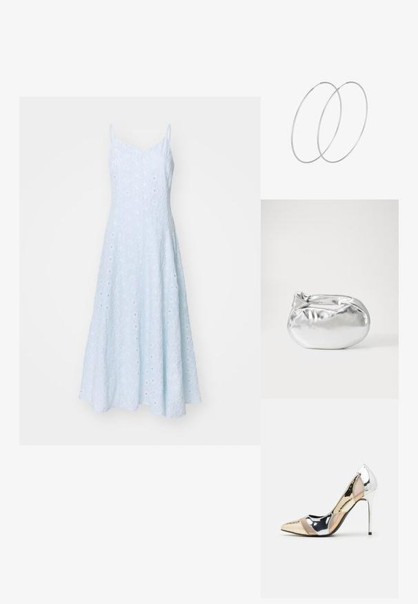 Hele sinine lähkedeta kleit, millel on laiendatud siluett, tekstureeritud kude, millel on peened vertikaalsed triibud ja väikesed lõike-detailid.; Kitsas toe kõrge kontsaga kingad, millel on hõbedane, kuldne ja nude värvilahendus. Läikiv viimistlus lõikekujundusega, stiletto konts.; Hõbedane metallikoti kott pehme, ümar kuju ja sõlme ülemise sulgemisega. Valmistatud siledast kunstnahast materjalist.; Hõbedased rõngastikkaehingad minimalistlikus disainis. Ümar kuju, sile tekstuur ja õhuke profiil. Kerged ning poleeritud viimistlusega.