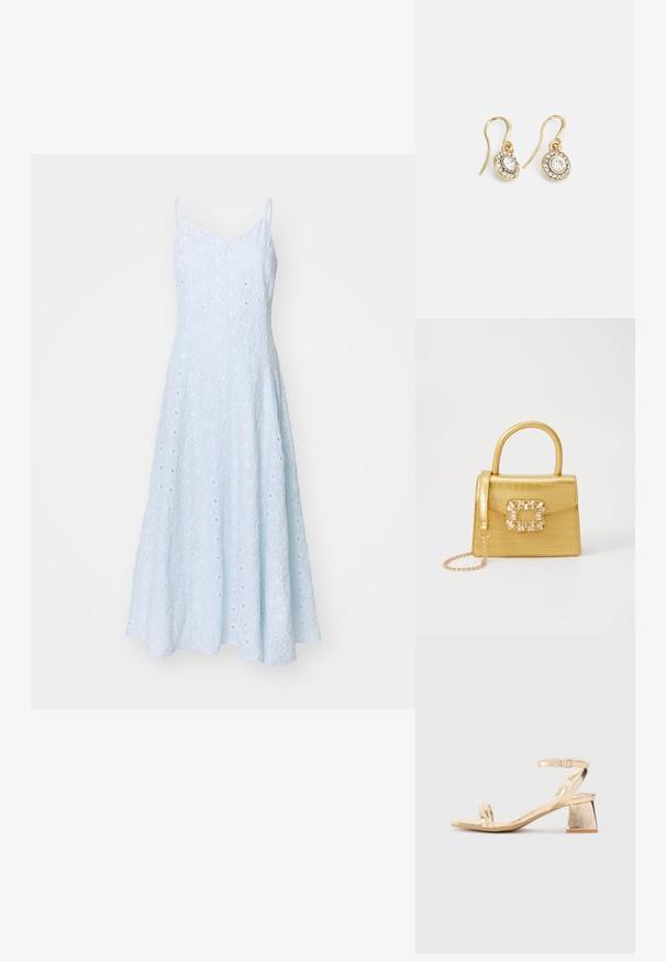 Svijetloplava haljina bez rukava s raširenim siluetom, teksturirana tkanina s suptilnim vertikalnim prugama i malim izrezima.; Zlate metalne sandale na visoki petek z angularnim blok petkom, dvema trakoma nad stopalom in nastavljivim trakom za gleženj. Gladka tekstura.; Rumeno usnjeno-usnje z vzorcem krokodila, s strukturiranim dizajnom, zgornjo ročajem, snemljivo verižico in dekorativnim kristalnim okrasjem na zaponki.; Zlato obarvani uhani z ovalnimi prozornimi kristali, ki jih obdajajo manjši prozorni kamenčki, s sistemom za oblačenje za varno nošenje.