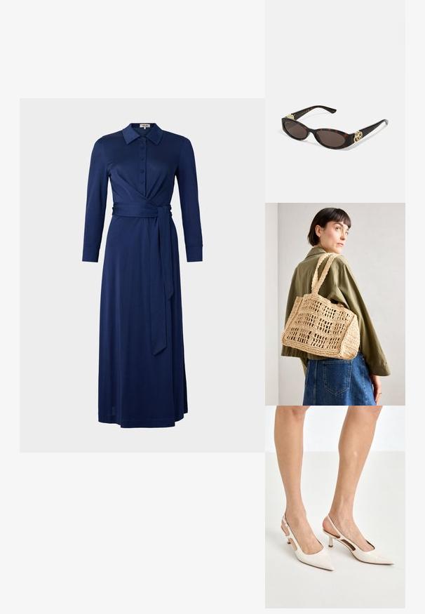 Granatowa sukienka z kołnierzykiem, długimi rękawami, zapięciem na guziki z przodu oraz paskiem w talii. Charakteryzuje się fasonem kopertowym i gładką teksturą. Długość sięga do połowy łydki.; Beżowe lakierowane szpilki z odkrytą piętą, zakończone spiczastym noskiem i 5 cm obcasem, z wyciętymi bokami oraz cienkim paskiem na kostce.; Słoneczne okulary w kolorze żółwi z wydłużonymi owalnymi soczewkami, brązowym odcieniem, złotymi akcentami logo na zausznikach oraz smukłymi czarnymi ramionami.; Torebka z plecionki w kolorze tan, o prostokątnym kształcie, z dwoma szerokimi uchwytami i otwartym wzorem siatki. Projekt charakteryzuje się teksturowanym materiałem i przestronnym wnętrzem.
