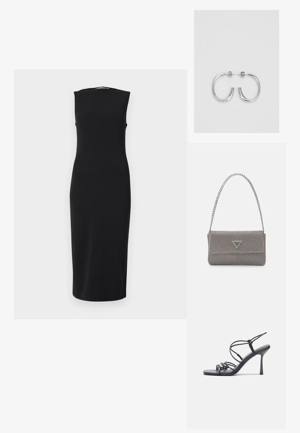 Fekete ujjatlan ruha sima anyagból, testre simuló sziluettel, térd hosszúságú szabással és diszkrét, kerek nyakkivágással.; Fekete magas sarkú szandálok vékony pántokkal, csomózott mintával, sima négyzetes orral és karcsú stiletto sarkal rendelkeznek.; Világosszürke fémes kézitáska lánc pánttal, kis kör alakú fém kifinomult díszítéssel és háromszög alakú márkagéppel.; Ezüst karika fülbevalók sima, fényes felülettel. Lekerekített forma, könnyű kialakítással, tűs zárómechanizmussal.