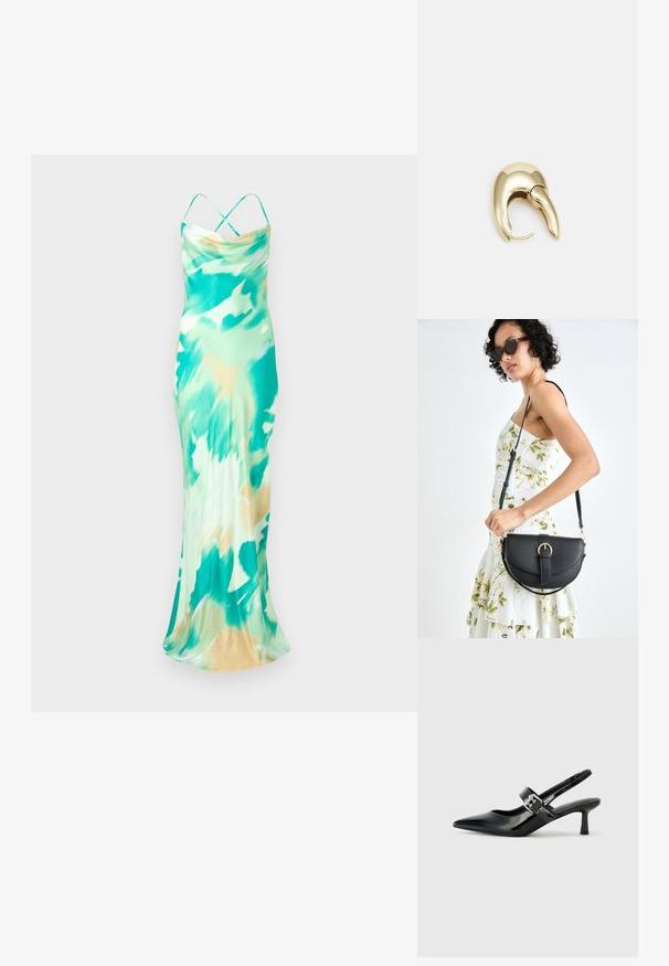 Ermeløs, gulvlange kjole i grønn og beige tie-dye mønster. Jevn stoff med drapert halslinje og kryssende stropper bak.; Svarte patent lær slingback hæler med spiss tå og en liten blokkheel, med en sølvspenne som detalj på stroppen.; Svart lærveske med en buet form, avtagbar stropp og gullbeslag. Vesken har et klaff med spenne-detall.; Gullfarget metalløredobber med et elegant, buet design. Har en karakteristisk spiss form, polert overflate og hengsel-lukking.