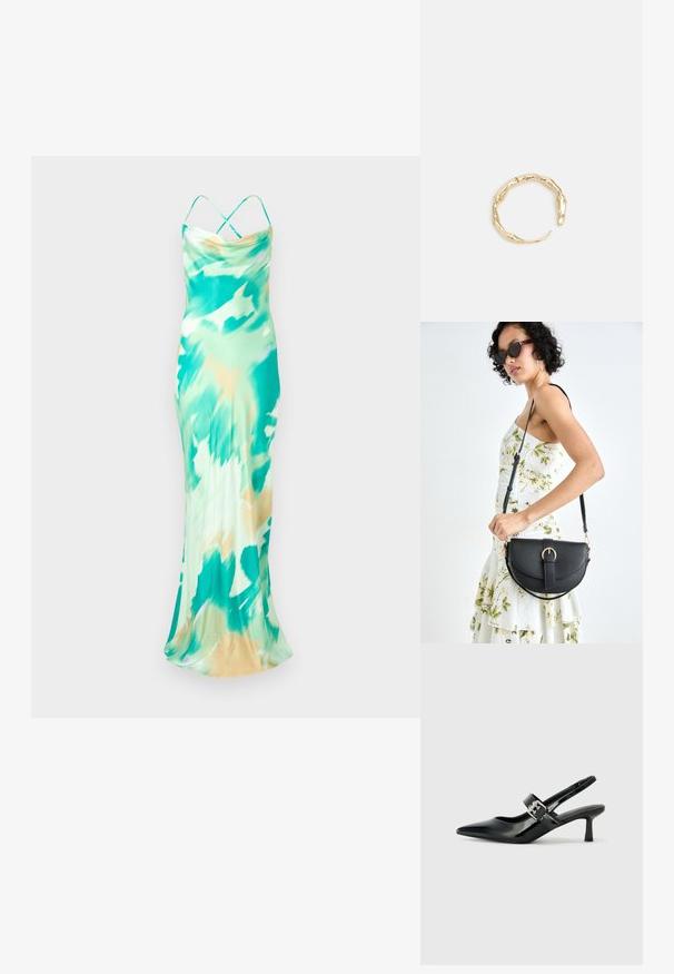 Sansvarrukatega, põranda pikkune kleit rohelises ja beežis batikmustris. Sile kangas, tilkuv dekoltee ja risti seljahaagised.; Mustad patenteeritud nahast sildiga kontsad, millel on terav nina ja väike plokk-konts, mille rihmal on hõbedane pandla aksessuaar.; Mustmust mustraha kõverate joontega, eemaldatava rihmaga ja kuldsete detailidega. Kotil on klapp, millel on pandladetail.; Kuldtoonis sõrmus, millel on orgaaniline, keerdunud disain sileda tekstuuri ja kitsenevate otstega, luues kaasaegse skulptuurilise välimuse.