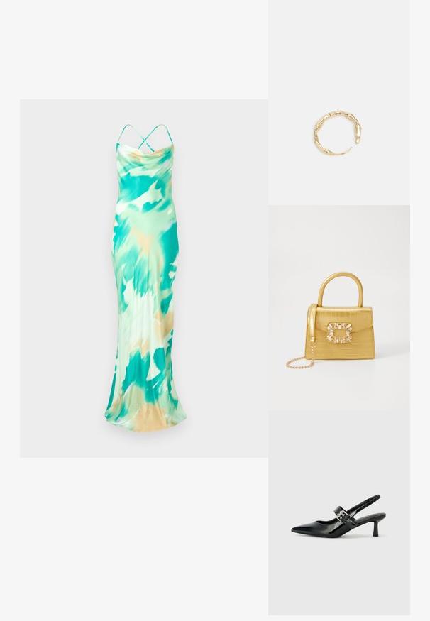 Bez piedurknēm, grīdas garuma kleita zaļā un bēša krāsā ar saulē sildītu rakstu. Gluda auduma ar izsistām kakla līniju un krusteniskām siksnām aizmugurē.; Melnas lakotas ādas sūkņa kurpes ar norādītu purngali un mazu bloku papēdi, ar sudraba sprādzi akcentā uz jostas.; Dzeltena mākslīgā krokodila roku soma ar strukturētu dizainu, augšējo rokturi, noņemamu ķēdes siksniņu un dekoratīvām kristāla rotājumiem aizdares daļā.; Zelta toņa gredzens ar organisku, vērptu dizainu, gludu virsmu un sašaurinātiem galiem, radot mūsdienīgu, skulpturālu izskatu.