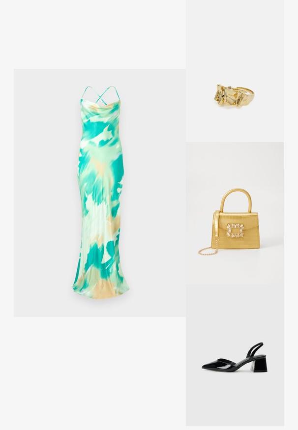 Bez piedurknēm, grīdas garuma kleita zaļā un bēša krāsā ar saulē sildītu rakstu. Gluda auduma ar izsistām kakla līniju un krusteniskām siksnām aizmugurē.; Melna lakota āda ar atvērto papēdi, ar smailu purngalu un ģeometrisku blokpapēdi. Iezīmējas elegants, minimāls dizains un gluda tekstūra.; Dzeltena mākslīgā krokodila roku soma ar strukturētu dizainu, augšējo rokturi, noņemamu ķēdes siksniņu un dekoratīvām kristāla rotājumiem aizdares daļā.; Zelta gredzens ar teksturētu, viļņotu dizainu, kas rotāts ar trim izteiktām virsotnēm. Gluda, spīdīga virsma ar atvērtu joslu, lai to varētu pielāgot.