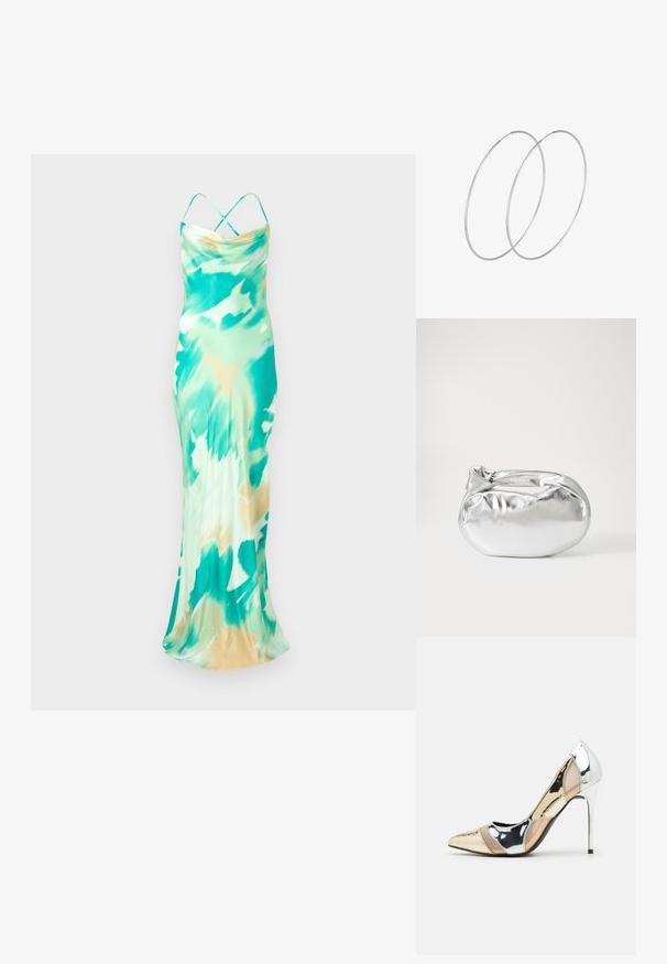 Bezramienna, do ziemi sukienka w zielono-beżowy wzór tie-dye. Gładki materiał z opadającą linią dekoltu i skrzyżowanymi ramiączkami z tyłu.; Czółenka na wysokim obcasie z wąskim noskiem w kolorze srebrnym, złotym i nude. Lśniące wykończenie z wycięciami, z obcasem w stylu stiletto.; Srebrna metaliczna torba worek o miękkim, zaokrąglonym kształcie i zawiązywanym z góry zapięciem. Wykonana z gładkiego materiału imitującego skórę.; Srebrne kolczyki w formie obręczy o minimalistycznym designie. Okrągły kształt, gładka faktura i cienki profil. Lekkie, z polerowanym wykończeniem.