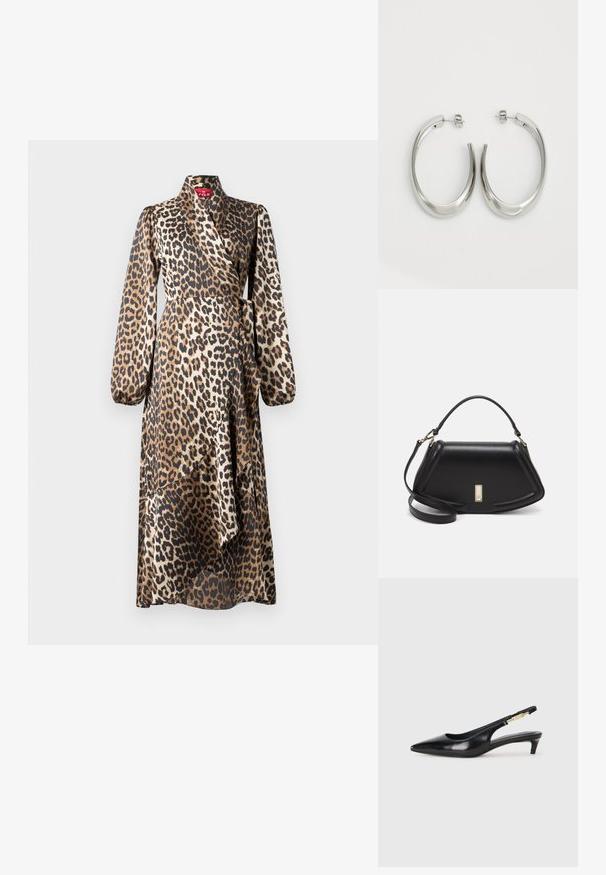 Leopardenmuster Wickelkleid aus Satin. Lange Ärmel, V-Ausschnitt und Taillengurt. Fließende Silhouette mit schichtartigem Saumdesign.; Schwarze Leder-Slingback-Pumps mit spitzem Schuhblatt, ausgestattet mit einem schlanken Absatz und einem goldfarbigen Akzent am verstellbaren Riemen. Glatte Textur.; Schwarze Lederhandtasche mit einem strukturierten Design, das eine verkürzte Form, einen oberen Griff und goldfarbene Hardware-Details aufweist. Verstellbarer Schulterriemen ist enthalten.; Silberne Creolen mit einem glatten, geschwungenen Design. Mit einem glänzenden metallischen Finish und Steckverschluss. Keine sichtbaren Muster oder Akzente.