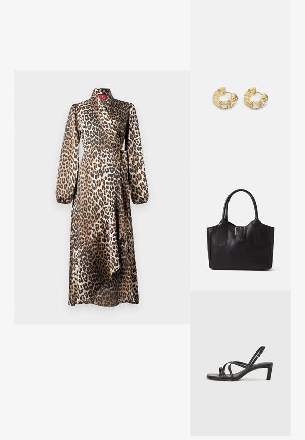 Leopardi kuosisatiinia kietaisumekko. Pitkät hihat, V-pääntie ja vyötärösidonta. Virtaviivainen siluetti kerroksellisella helmimuotoilulla.; Mustat hihnalligat, joissa on neliön muotoinen kärki ja matala lohkokorko. Ominaisuuksiin kuuluu useita ohuita hihnoja ja säädettävä nilkkahihna. Valmistettu sileästä nahasta.; Musta nahkainen olkalaukku, jossa on sileä pinta, ryhdikäs muoto, kaksi kahvaa ja silmienpistävä hopeinen solkiyksityiskohta edessä.; Kultaiset ympyräkorvakorut, joissa on tekstiurakuviointi ja kolme kirkasta kristallikoristetta yhdellä puolella, tarjoavat modernin geometrisen estetiikan.