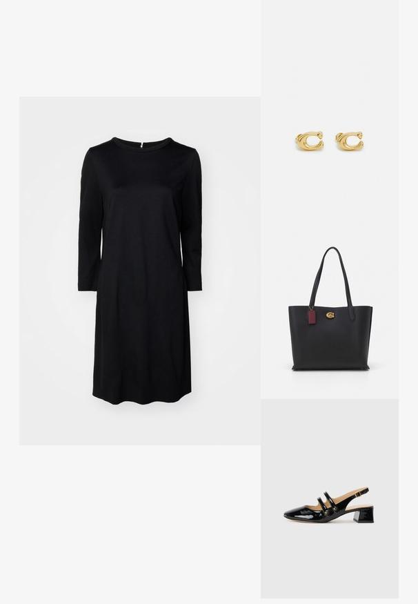 Schwarzes knielanges Kleid mit einem runden Halsausschnitt, langen Ärmeln und einem Reißverschluss auf der Rückseite. Glattes Material in einfarbiger Ausführung ohne Muster.; Schwarzer lacklederner Slingback-Schuh mit spitzem Zehenbereich, zwei Riemendetails, goldenen runden Akzenten und niedrigem Blockabsatz.; Schwarze Ledertasche mit zwei langen Tragegriffen, strukturiertem Finish, goldenen Beschlägen und einem burgunderfarbenen Anhänger. Geräumiges Design mit offenem Oberteil.; Goldene Metallohrringe mit einem glatten, geschwungenen Design, das eine auffällige 'C'-Form aufweist. Kleine Größe, glänzende Oberfläche und Klappverschluss für sicheren Halt.