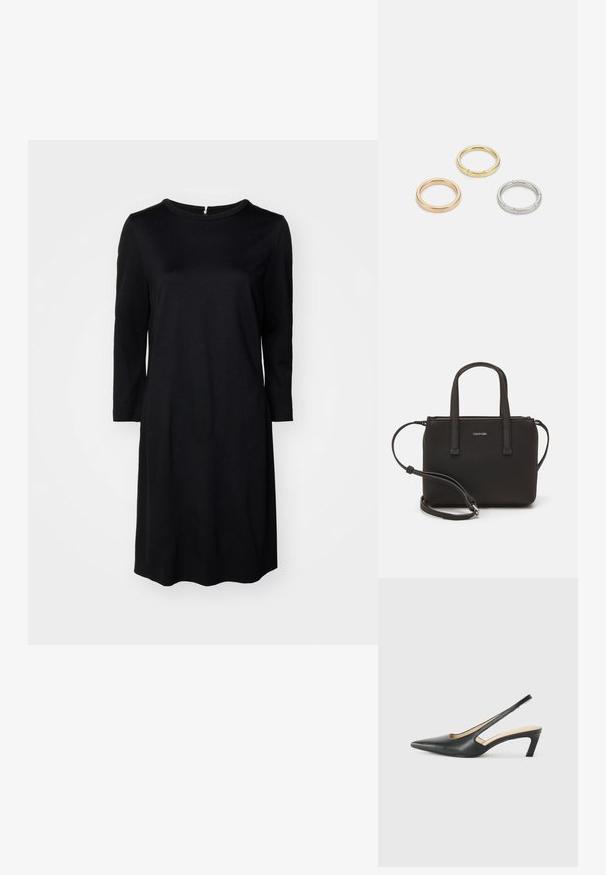 Robe noire à mi-cuisse avec un col rond, des manches longues et une fermeture éclair au dos. Tissu lisse de couleur unie sans motifs.; Slingback noir à bout pointu avec un petit talon, en cuir lisse et doté d'un design découpé sur le côté pour plus de respirabilité.; Sac à main noir avec deux poignées courtes et une bandoulière amovible. Matière lisse semblable à du cuir avec une fermeture éclair et un détail de logo.; Trois anneaux en métal : un en or rose, un en or avec des accents texturés, et un en argent, tous avec une gravure de marque à l'intérieur de la bande.