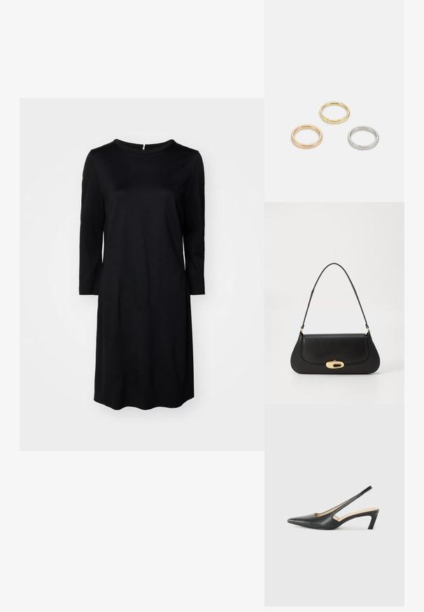 Crna haljina do koljena s okruglim izrezom, dugim rukavima i zatvaračem na leđima. Glatka tkanina u jednobojnoj boji bez uzoraka.; Crne cipele s izduženim vrhom i remenom oko pete, s niskom petom, izrađene od glatke kože i s izrezbarenom stranom radi prozračnosti.; Crna kožna torba s zakrivljenim dizajnom, zlatnim detaljima i gornjom drškom. Ima elegantno zatvaranje i glatku teksturu.; Tri metalne prstenove: jedan od rose zlata, jedan od zlata s teksturiranim akcentima i jedan od srebra, svi s ugraviranim logotipom na unutarnjoj strani.