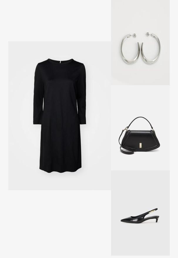 Svart knelang kjole med rund hals, lange ermer og glidelås bak. Glatt stoff med ensfarget og uten mønstre.; Sorte lærreim hæler med spiss tå, som har en slank hæl og en gullfarget detalj på den justerbare stroppen. Glatt tekstur.; Sort lærveske med en strukturert design, som har en avkortet form, topphåndtak og detaljer i gull. Justerbar skulderstropp inkludert.; Sølvøreringer med en jevn, buet design. Har en blank metallisk finish og en studlås. Ingen synlige mønstre eller aksenter.