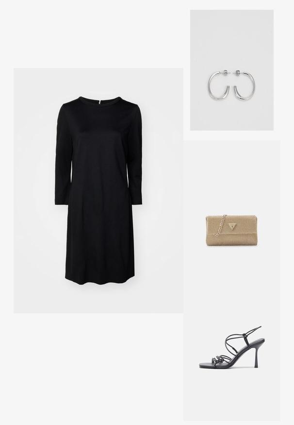 Black knee-length dress with a round neckline, long sleeves, and a back zipper. Smooth fabric with a solid color and no patterns.; Black high-heeled sandals feature thin straps with a knotted design, a smooth square toe, and a sleek stiletto heel.; Gold handbag with an intricate beaded texture, triangular logo accent, and a metallic chain strap. Rectangular shape, sleek design.; Silver hoop earrings with a smooth, shiny surface, featuring a curved shape and post-back closure. Minimalist design with a modern finish.
