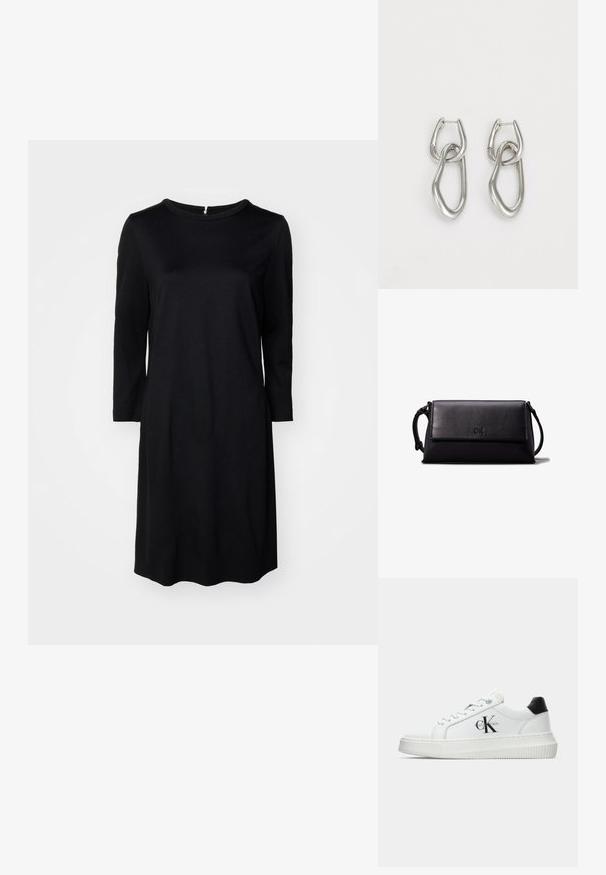 Čierne šaty po kolená s okrúhlym výstrihom, dlhými rukávmi a zipsom na chrbte. Hladká tkanina s jednou farbou a bez vzorov.; Biele nízke tenisky s čiernym pätkovým dielom, platformovou podrážkou, šnúrkami a logom "CK" značky Calvin Klein na boku.; Čierna kožená clutch taška s obdĺžnikovým tvarom, hladkou textúrou, plochým preklopom a malou rukoväťou na boku. Obsahuje jemné logo.; Calvin Klein STATEMENT LINKS - Náušnice - silver-coloured