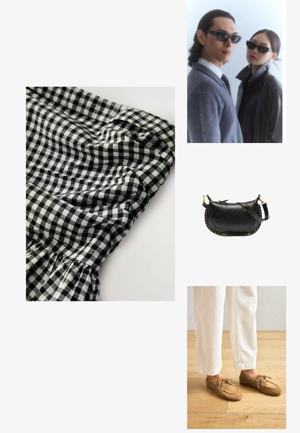 Mustavalkoinen ruudullinen kangas, jossa on joustava vyötärö, röyhelödetaljit ja pehmeä, tekstuurinen pinta.; Ruske nubuk båtsko med snøring, med rund tå og sømdetaljer. Bært med hvite kordfløyelsbukser i en treverksetting.; Aurinkolasit, joissa on kulmikkaat mustat kehykset, malli, jolla on päällään harmaa neulepaita, esittelee teksturoitua neulosta ja mustaa nahkatakkia, jota pitää toinen malli.; Musta nahkakäsilaukku, jossa on kaareva muoto, kultaiset niitit reunan ympäri, säädettävä hihna ja sivuista löytyvä lenkki lisäkoristeena.