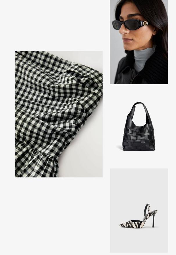 Zwart-wit geruite stof met een elastische tailleband, voorzien van geplooide details en een zachte, textuurrijke oppervlakte.; Puntige slingback hak in zwart en crèmekleurig zebra print, met een slanke hoge hak en open achterkant, voorzien van een zwarte binnenkant.; Zwarte zonnebril met een stijlvolle rechthoekige montuur en een gouden logo-accent aan de zijkant. Donkere lenzen en een glanzende afwerking zijn opvallend.; Zwarte leren geweven tote bag met een slouchy vorm en een brede schouderriem. Kenmerkt zich door een gestructureerd, verweven ontwerp met een gladde afwerking.