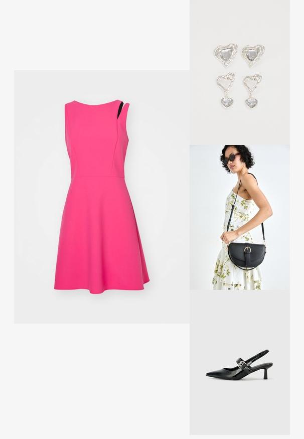 Roza obleka brez rokavov s prilegajočim pasom in razširjenim krilom. Narejena iz gladkega blaga, s subtilnim asimetričnim oblikovanjem ramena.; Črne patent usnjene slingback pete s koničastim nosom in majhnim blok peto, ki vključujejo srebrno zaponko na traku.; Črna usnjena torbica s ukrivljeno obliko, z odstranljivo naramnico in zlatimi dodatki. Torbica ima pokrov s podrobnostmi v obliki zaponke.; Srebrni uhani v obliki srca vsebujejo fasetirane prosojne kamne ter teksturiran okvir. Komplet vključuje stenske in viseče sloge.