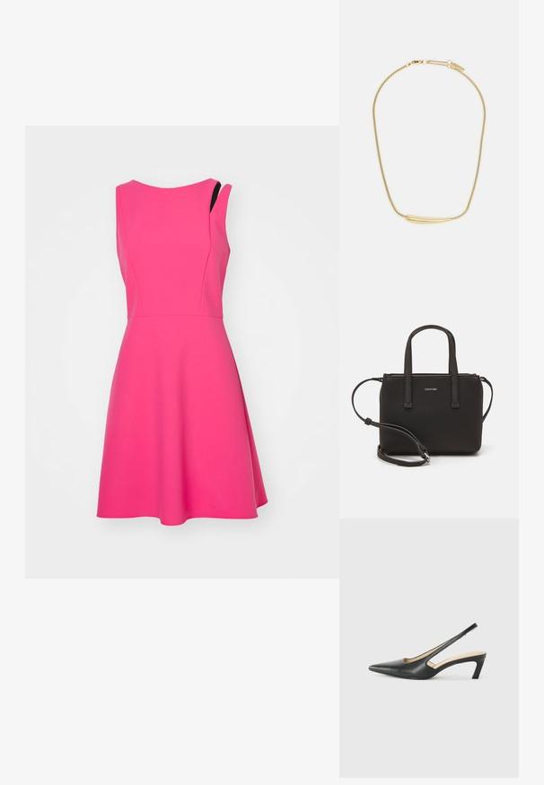Un vestido sin mangas de color rosa con un corsé ajustado y una falda acampanada. Hecho de una tela suave, presenta un sutil diseño asimétrico en el hombro.; Zapato negro de punta afilada tipo slingback con un tacón bajo, que presenta un material de cuero suave y un diseño recortado en el lateral para mayor transpirabilidad.; Bolso de mano negro con dos asas cortas y una correa de hombro removible. Material suave tipo cuero con cierre de cremallera y detalle del logo.; Collar de oro con un acento central suave y curvado. Presenta una cadena flexible con un cierre de langosta y enlaces de cadena adicionales ajustables.