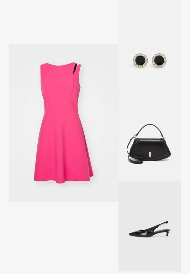 Ein ärmelloses pinkes Kleid mit einem taillierten Oberteil und einem weit schwingenden Rock. Hergestellt aus glattem Stoff, mit einem subtilen asymmetrischen Schulterdesign.; Schwarze Leder-Slingback-Pumps mit spitzem Schuhblatt, ausgestattet mit einem schlanken Absatz und einem goldfarbigen Akzent am verstellbaren Riemen. Glatte Textur.; Schwarze Lederhandtasche mit einem strukturierten Design, das eine verkürzte Form, einen oberen Griff und goldfarbene Hardware-Details aufweist. Verstellbarer Schulterriemen ist enthalten.; DKNY INLAY STUD - Ohrringe - black/gold-coloured