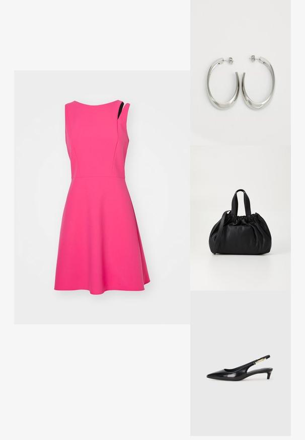 Ein ärmelloses pinkes Kleid mit einem taillierten Oberteil und einem weit schwingenden Rock. Hergestellt aus glattem Stoff, mit einem subtilen asymmetrischen Schulterdesign.; Schwarze Leder-Slingback-Pumps mit spitzem Schuhblatt, ausgestattet mit einem schlanken Absatz und einem goldfarbigen Akzent am verstellbaren Riemen. Glatte Textur.; Schwarze Lederhandtasche mit einem gerafften Oberteil, ausgestattet mit zwei kurzen Griffen und einem langen verstellbaren Schulterriemen. Glatte Textur, runde Form.; Silberne Creolen mit einem glatten, geschwungenen Design. Mit einem glänzenden metallischen Finish und Steckverschluss. Keine sichtbaren Muster oder Akzente.