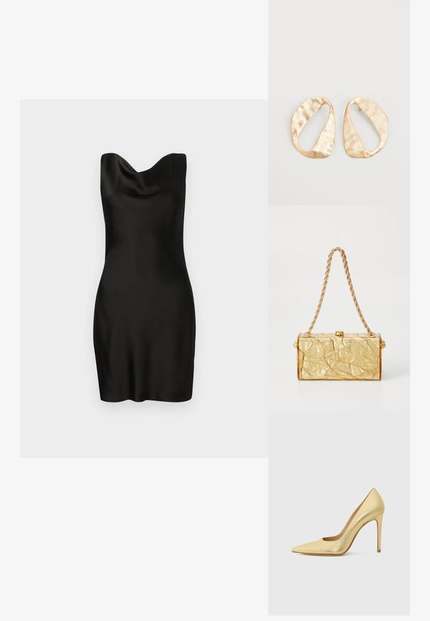 Sort satin kjole med en draperet halsudskæring. Designet er tætsiddende, har en glat tekstur og er i kort længde, hvilket fremhæver en strømlinet, minimalistisk silhuet.; Guldmetalisk spids tå højhælet sko med stiletto hæl, vist fra siden på en ensfarvet lys baggrund.; Gul, krøllet taske med rektangulær form, udstyret med en kædestrop og en lås på toppen. Glat, skinnende overflade.; Et par uregelmæssige ovalformede øreringe i guldtonet metal med en tekstureret, let hamret overflade på en hvid baggrund.