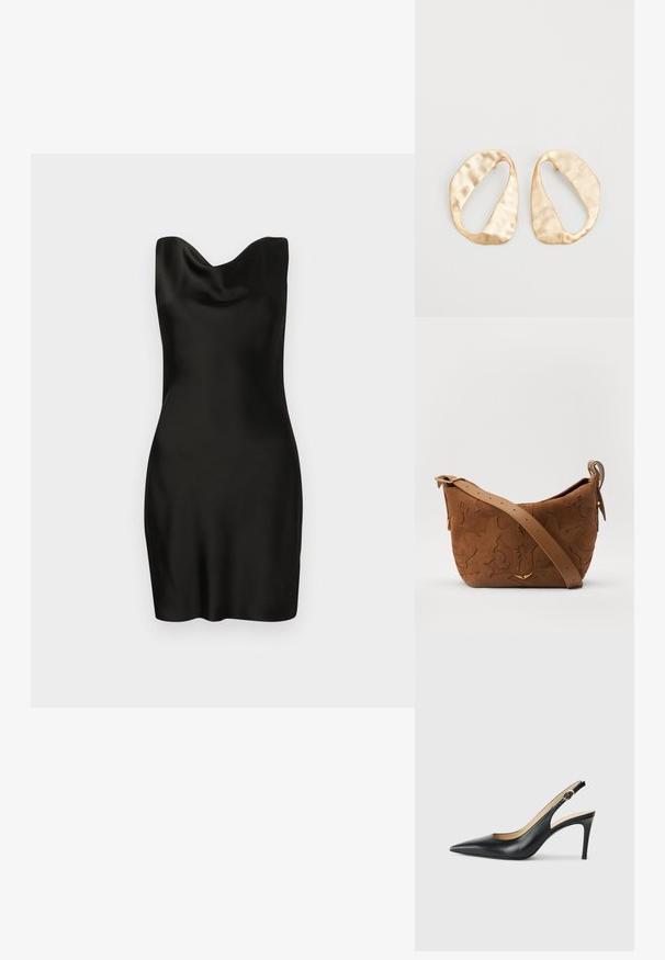 Fekete selyemruha álló nyakkivágással. A dizájn testhez álló, sima textúrájú és rövid hosszúságú, amely kiemeli a letisztult, minimalista sziluettet.; Fekete bőrből készült, hegyes orrú, állítható pánttal rendelkező magassarkú szandál, elegáns tűsarokkal, sima felülettel.; Barna velúr válltáska, dombornyomott virágmintával, sima barna bőrpánttal és arany színű fém kiegészítőkkel.; Egy pár szabálytalan, ovális formájú, aranyszínű fém fülbevaló, enyhén kalapált felülettel, fehér háttéren.