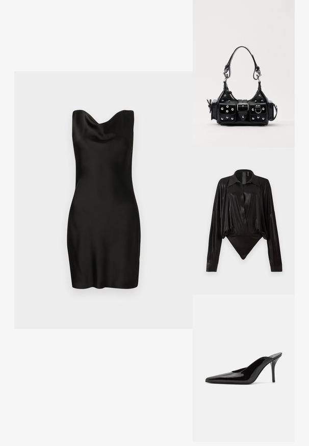 Vestido de cetim preto com decote drapeado. O design é ajustado, com uma textura suave e um comprimento curto, exibindo uma silhueta elegante e minimalista.; Bodysuit preto com mangas longas, decote em V e silhueta ajustada. Feito de um tecido brilhante e suave, com colarinho e punhos estruturados.; Mule de salto alto em couro envernizado preto com ponta fina e uma silhueta elegante, apresentando um calcanhar aberto e um salto stiletto esbelto.; Bolsa de couro preta com um design curvado, apresentando tachas prateadas, uma fivela e dois bolsos laterais. Alça ajustável para opções de transporte.