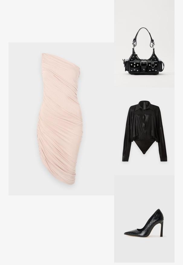 Savienots bezplecu kleita gaiši rozā audumā, ar pieguļošu siluetu, gludu tekstūru un asimetrisku dizainu, kuram vienā pusē ir sakropļota detaļa.; Melnā bodijakā ar garām piedurknēm, V-veida kaklu un pieguļošu siluetu. Izgatavots no spīdīga, gluda auduma ar strukturētu apkakli un aprocēm.; Melni augstpapēžu apavi ar norādītu purngalu, ar krokodila ādas tekstūru, izceļoties ar elegantu dizainu, augstu stiletto papēdi un gludu melnu interjeru.; Melnas ādas rokturmais ar izliekumu, ar sudraba iedurtiem, sprādzi un divām sānu kabatām. Regulējams siksniņas garums dažādām nēsāšanas iespējām.