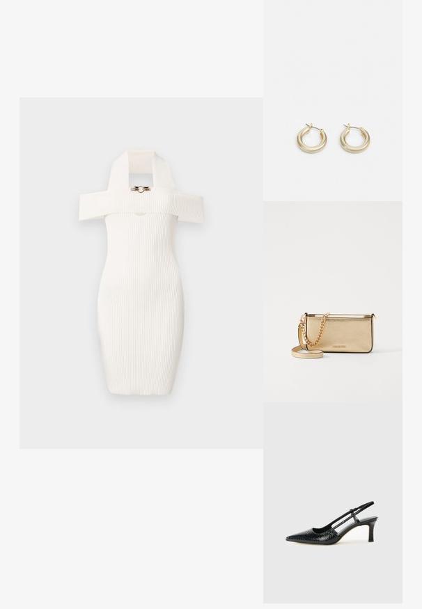 Vestido branco canelado com uma silhueta ajustada, design off-shoulder, e um colarinho grande e distinto com um detalhe em metal dourado na parte da frente.; Salto slingback em patente preta com bico apontado, apresentando um padrão de pele de cobra texturizado, tira ajustável e um salto bloco curto e texturizado.; Clutch de couro dourado metálico com um acabamento texturizado, apresentando uma alça de corrente dourada e uma alça de ombro removível. Logotipo da marca em relevo.; Lauren Ralph Lauren BASIC SMALL HOOP - Brincos - gold-coloured