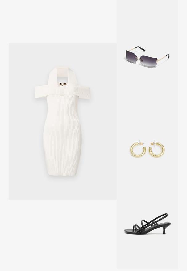 Csíkozott fehér ruha, testhez álló fazonnal, váll nélküli kialakítással és egy feltűnő, nagy gallérral, amelynek elülső részén arany színű díszítés található.; Fekete magassarkú szandálok több keresztben átkötött pánttal. Simább anyag, hegyes orr és keskeny sarok. Állítható bokapánt kapcsos rögzítéssel.; Szürke átmenetes lencséjű napszemüveg, aranyszínű fémkeret és fekete műanyag elemek. Egyedi pillangó alakú lencsék vékony szárakkal.; Arany fülbevalók sima, fényes felülettel. Kör alakú dizájn, amely kis kapoccsal és átlátszó tartozékkal rendelkezik a biztonságos viselés érdekében.