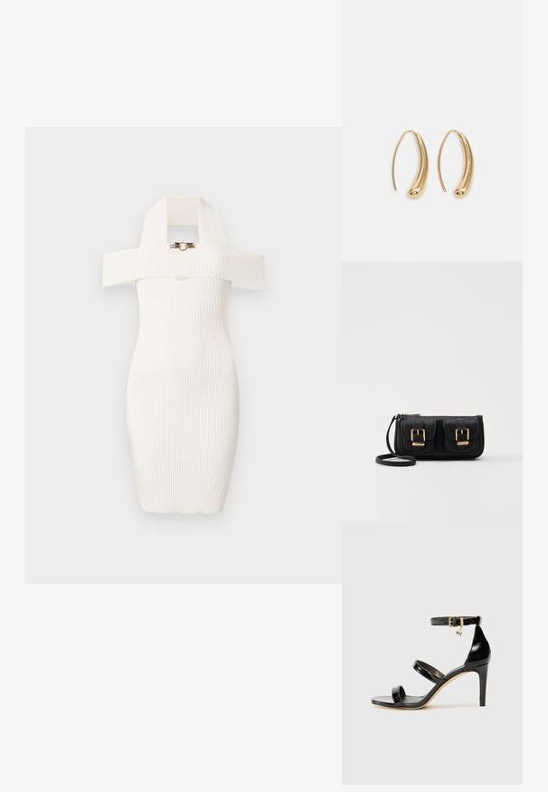 Prążkowana biała sukienka o dopasowanym kształcie, z dekoltem odkrywającym ramiona, oraz charakterystycznym dużym kołnierzem z akcentem w postaci złotego elementu z przodu.; Czarne lakierowane sandały na paski z trzema paskami, zapięciem na kostce i 10-centymetrowym obcasem w szpilce. Zawierają złote detale oraz zawieszkę z logo.; Czarna skórzana torba na ramię z dwoma przednimi kieszeniami, złotymi klamrami, zamkiem błyskawicznym i cienkim paskiem. Teksturowana powierzchnia i kompaktowy prostokątny kształt.; Złote metalowe kolczyki w kształcie obręczy o zakrzywionym, wydłużonym kształcie. Posiadają gładką, błyszczącą powierzchnię oraz zaokrąglony koniec dla dodatkowego efektu.