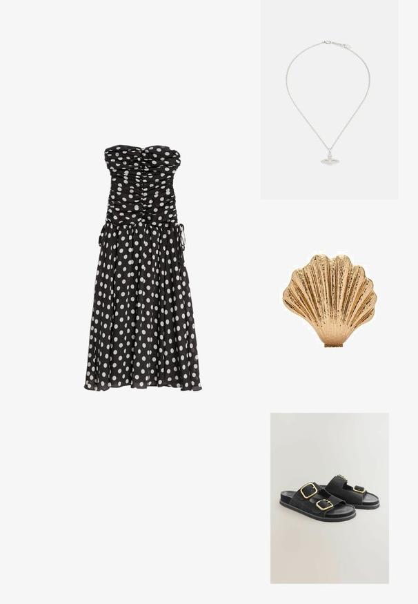 Schwarzes trägerloses Kleid mit weißen Pünktchen, gerafftem Oberteil und fließendem Rock. Verfügt über seitliche Kordelzüge für eine verstellbare Passform. Leichter Stoff.; Schwarze Wildledersandalen mit zwei breiten Riemen und goldenen Schnallen, einer flachen Sohle und einem offenen Zehendesign. Sanfte Textur mit kontrastierenden Hardware-Details.; Goldfarbener, muschelförmiger Dekorationsartikel mit strukturiertem Oberflächen- und Rillen-Design, ausgestattet mit einer flachen Basis für Stabilität.; Silberne Halskette mit einer zarten Kette und einem ovalen Anhänger, der aufwendige Details und einen kleinen Edelsteinakzent aufweist.