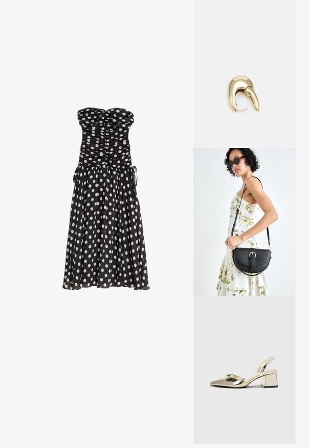 Zwarte strapless jurk met witte stippen, geplooide bodice en vloeiende rok. Heeft een verstelbare pasvorm met trekkoorden aan de zijkanten. Lichtgewicht stof.; Gouden, metalen slingback hakken met een spitse neus en een chunky hak. Glad oppervlak, minimalistisch ontwerp en een smalle band.; Zwarte leren handtas met een gebogen vorm, afneembare schouderband en gouden hardware. De tas heeft een klep met een gespsluiting.; Gouden metalen oorbel met een slank, gebogen ontwerp. Beschikt over een kenmerkende puntige vorm, gepolijste oppervlakte en scharnier sluiting.