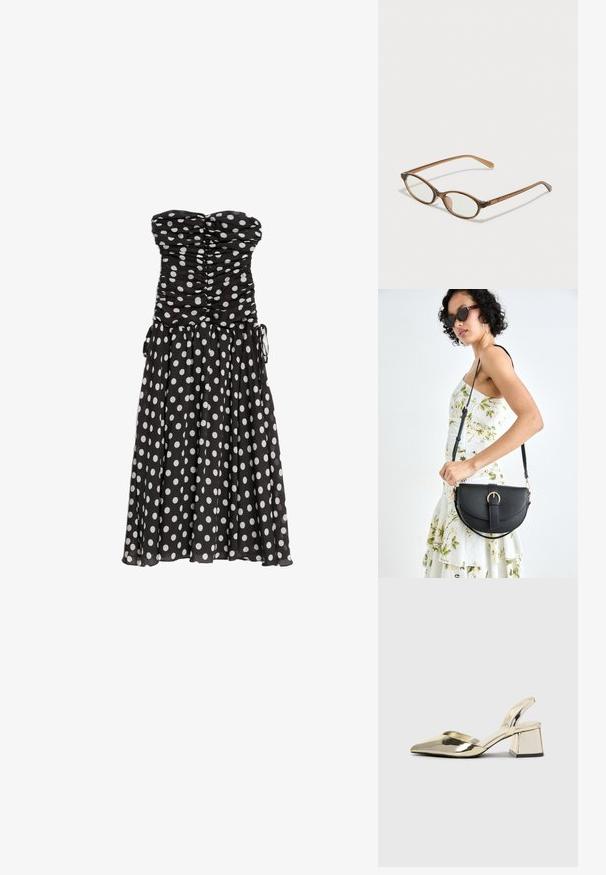 Černé bezramínkové šaty s bílými puntíky, nařasený korzet a splývavá sukně. Obsahuje boční šňůrky pro nastavitelné padnutí. Lehká tkanina.; Kovové zlaté pantofle na podpatku s špičatou špičkou a masivním podpatkem. Hladký povrch, minimalisticý design a úzký pásek.; Hnědé želvovinové brýle s oválnými skly, tenkými bočními nohami a průhlednými akcenty. Obsahují decentní logo na stranu. Elegantní, lehký design.; Černá kožená kabelka s křivkovým tvarem, odnímatelným popruhem a zlatými detaily. Kabelka má klopu s přezkou.