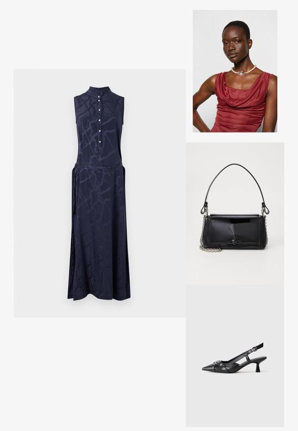 Navy sleeveless dress with a high neckline, button placket, and subtle chain pattern. Soft fabric and side ties create a fluid silhouette.; Black leather slingback shoe with a pointed toe, decorative straps featuring metal eyelets, and a low block heel. Textured surface.; Black patent leather handbag with a rectangular shape, chain strap, and a distinctive hardware accent in the center. Smooth texture.; Cowl-neck, deep red dress with a smooth texture. Features a pearl necklace with a decorative silver accent at the center.
