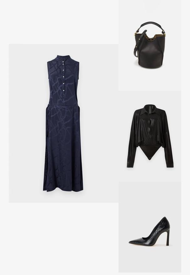 Navy sininen ilmanhiha dressi korkean kauluksen, nappilistan ja hienovaraisen ketjumallin kanssa. Pehmeä kangas ja sivusiteet luovat sulavan siluetin.; Musta catsuit pitkillä hihoilla, V-pääntiellä ja tiukalla siluetilla. Valmistettu kiiltävästä, sileästä kankaasta, jossa on jämäkkä kaulus ja hihansuut.; Musta kapea nilkkakorkokenkä krokotiilin nahkakuviolla, joka on varustettu tyylikkäällä muotoilulla, korkealla stiletto-korkealla ja sileällä mustalla sisäosalla.; Mustan nahka-buckettikassi, jossa on teksturoitu pinta, kultaiset metalliosat ja avoin yläosa. Ominaisuuksiin kuuluu lyhyt kahva ja säädettävä olkahihna.