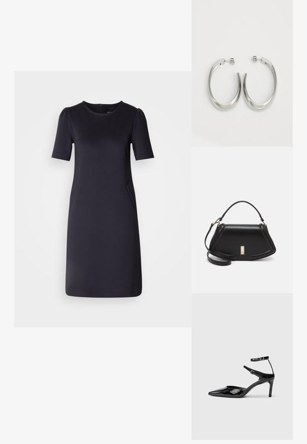 Navy blue dress with short sleeves, round neckline, and two side pockets. Soft, smooth fabric with a relaxed fit and knee-length design.; Black patent leather heels with a pointed toe, adjustable ankle straps, and a slender heel. Smooth texture with a shiny finish.; Black leather handbag with a structured design, featuring a cropped shape, top handle, and gold hardware accent. Adjustable shoulder strap included.; Silver hoop earrings with a smooth, curved design. Features a shiny metallic finish and stud closure. No visible patterns or accents.